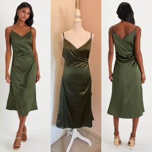 Simplicity of Love Olive Green Satin A-Line Midi Dress Lulus